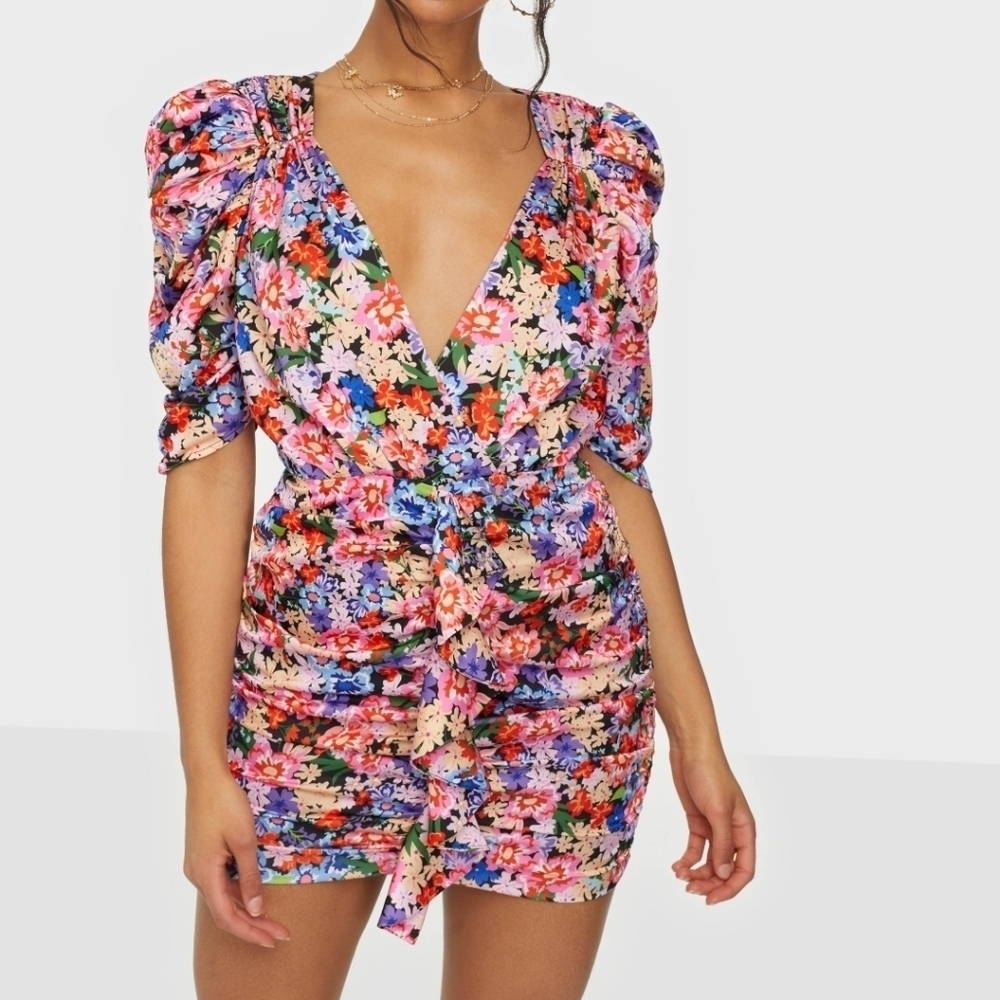 for Love & Lemons Bouquet Floral Deep V-neck Ruffle Puff Sleeve Mini Dress Sz M